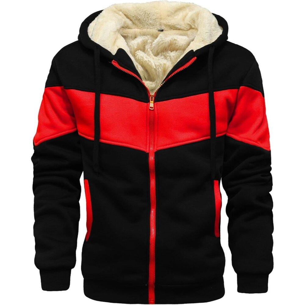 Men's sky black Red Black Zip-Up Hooded Jacket with Sherpa Fleece Lining.